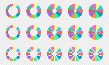 Pie and donut charts set. Circle diagrams divided in 10 sections of different colors. Infographic wheels. Round shapes cut in ten parts isolated on transparent background