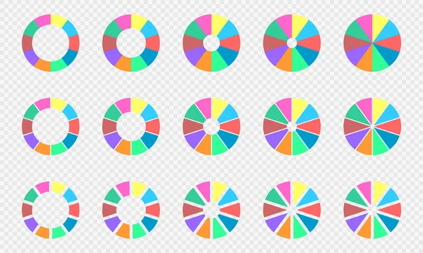 Pie and donut charts set. Circle diagrams divided in 10 sections of different colors. Infographic wheels. Round shapes cut in ten parts isolated on transparent background — Wektor stockowy