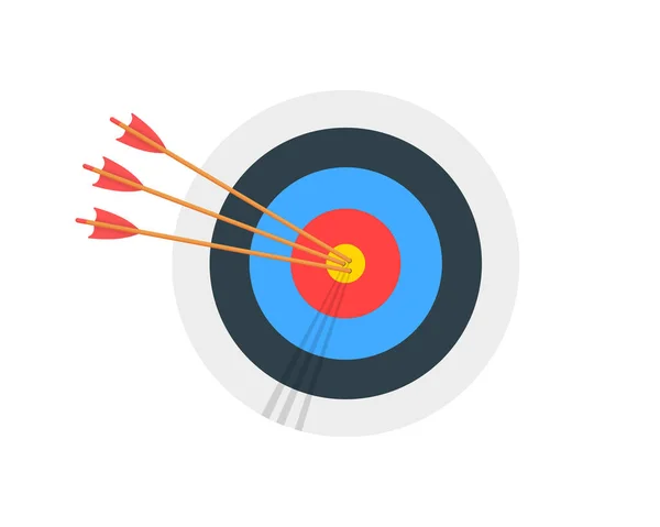 Δαχτυλίδι στόχο τοξοβολίας με τρία βέλη που χτυπούν bullseye. Στρογγυλό σχήμα βελάκι μπροστά όψη. Στόχος η επίτευξη της έννοιας. Σύμβολο στρατηγικής επιχειρηματικής επιτυχίας — Διανυσματικό Αρχείο
