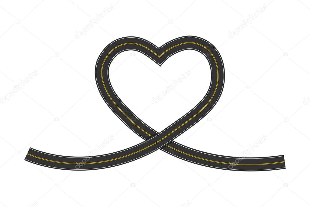 Road with heart shaped loop isolated on white background. Love symbol. Valentine day creative element. Vector flat illustration