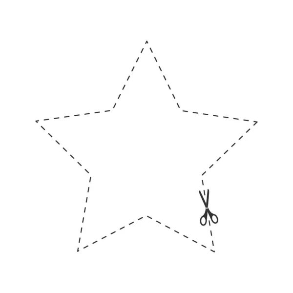Tijeras cortando forma de estrella punteada. Corte aquí pictograma para cupones de descuento de papel, vales, códigos promocionales. Esquema gráfico vector ilustración — Vector de stock