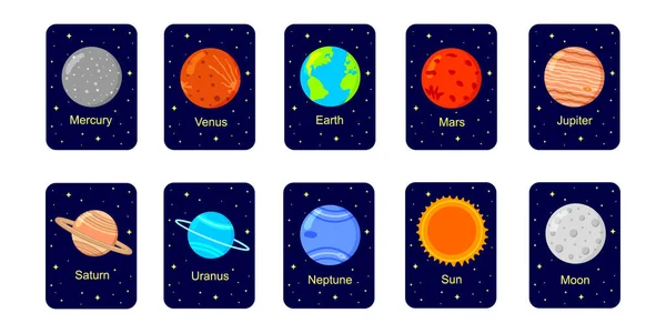 Solar system flashcards for kids. Planets, Sun and Moon with names on dark starry background. Educational material for schools and kindergartens for space science learning — стоковий вектор