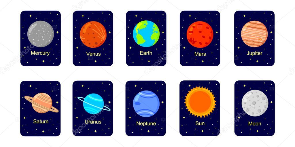 Solar system flashcards for kids. Planets, Sun and Moon with names on dark starry background. Educational material for schools and kindergartens for space science learning