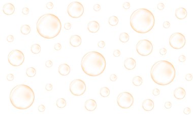 Golden bubbles of champagne, prosecco, seltzer, soda, sparkling wine. Carbonated drink texture. Fizzing water background. Vector realistic illustration