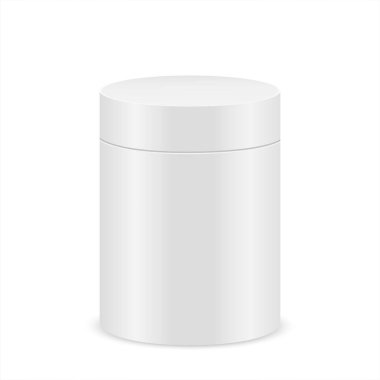 Beyaz silindir kutu modeli. Ürün tasarımı için plastik, teneke ya da karton paket. Hediye konteynırı, çay, kahve, beyaz arka planda izole edilmiş yiyecek.