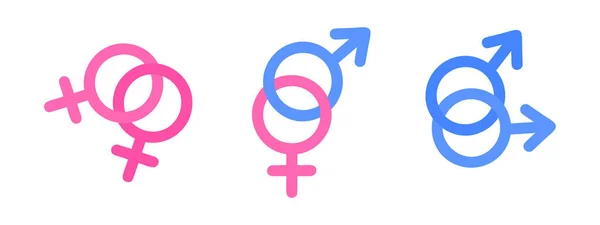 Manliga och kvinnliga, lesbiska och homosexuella par könstecken. Heterosexuell och homosexuell relation. Mars och Venus symboler i olika kombinationer — Stock vektor