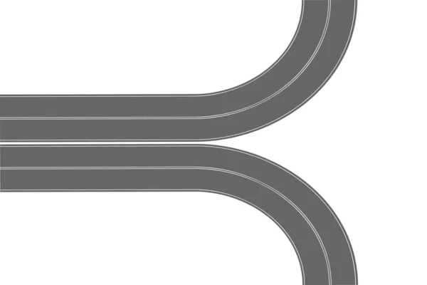 아스팔트 길 두 개가 다른 방향으로 굽어 지고 있습니다. 공중에서 본 장면. 간선도로는 흰색 배경에 고립되어 있다. 도시 지도를 위한 도로 요소 — 스톡 벡터