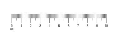 Yatay ölçüm çizelgesi, 10 santimetre yükselmiş. Cetvelin skalası, sayılarla. Uzaklık, yükseklik ya da uzunluk ölçüm matematiği ya da dikiş aracı