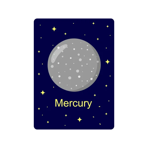 Flashcard para crianças com planeta Mercúrio em fundo estrelado escuro. Bolsa educativa para escolas e jardins de infância para a aprendizagem espacial — Vetor de Stock