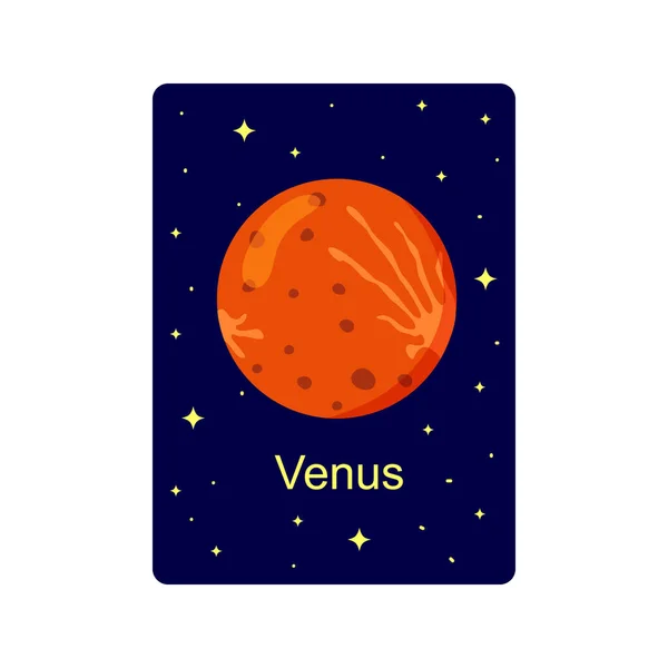 Flashcard planeta Vênus para crianças. Espaço de aprendizagem tema material educacional para escolas e jardins de infância. Ilustração dos desenhos animados vetoriais — Vetor de Stock