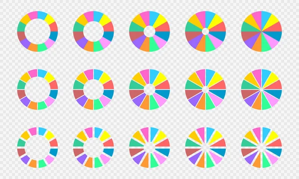 Conjunto de cartas de pasteles y donuts. Diagramas de círculo infográfico divididos en 12 secciones iguales de diferentes colores. Formas redondas cortadas en doce partes — Vector de stock