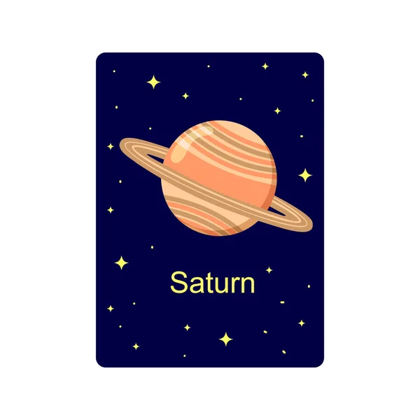 Saturno planeta em flashcard. Material educativo para crianças. Espaço de aprendizagem de ciências na escola primária e jardim de infância. Ilustração dos desenhos animados vetoriais — Vetor de Stock