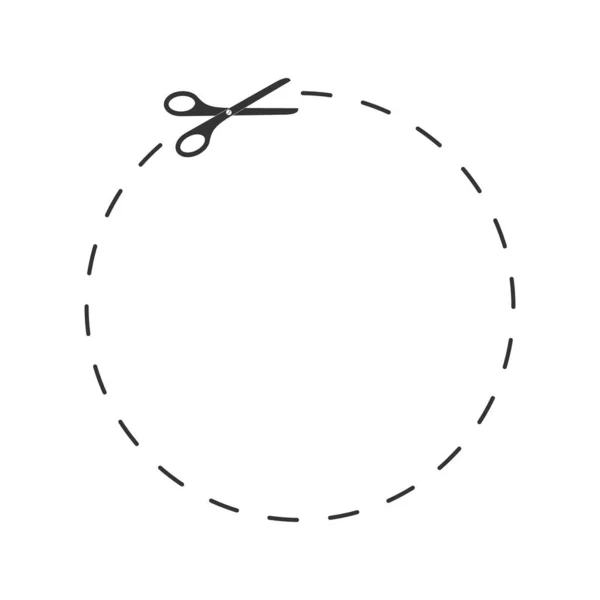 Ножиці розрізані плямистою лінійкою круглої форми. Вирізати тут знак для мітки, купон на знижку, ваучер, промо-код. Векторна контурна ілюстрація — стоковий вектор