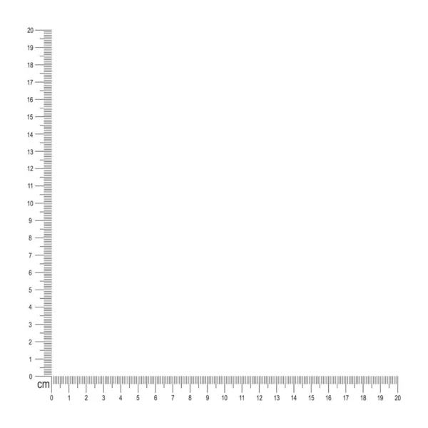 20 cm Ecklineal Vorlage. Messwerkzeug mit vertikalen und horizontalen Linien mit Zentimetern und Millimetern Markup und Zahlen. Vektorskizze als Illustration — Stockvektor