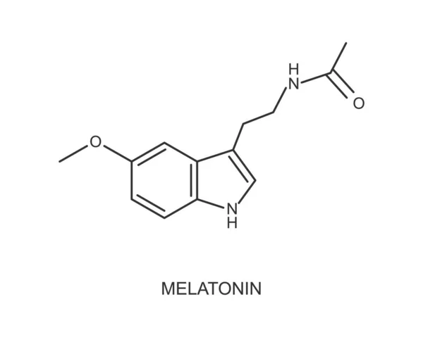 Estructura molecular de melatonina. Hormona utilizada para jet lag, insomnio, terapia de trastorno del ritmo circadiano. Icono de regulación del ciclo de sueño y vigilia — Vector de stock