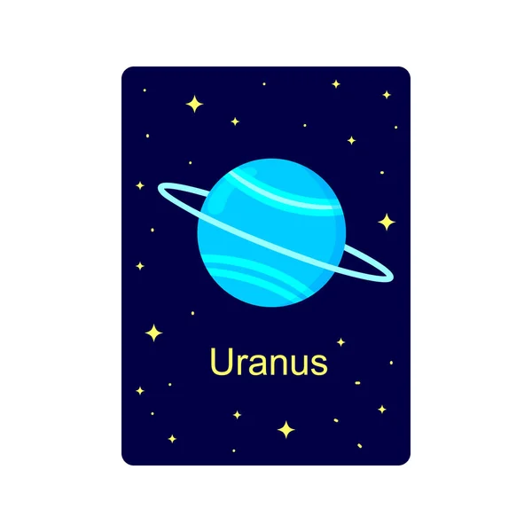 Flashcard til børn med Uranus planet på mørk stjernebaggrund. Undervisningsmateriale til skoler og børnehaver for rumvidenskab læring – Stock-vektor