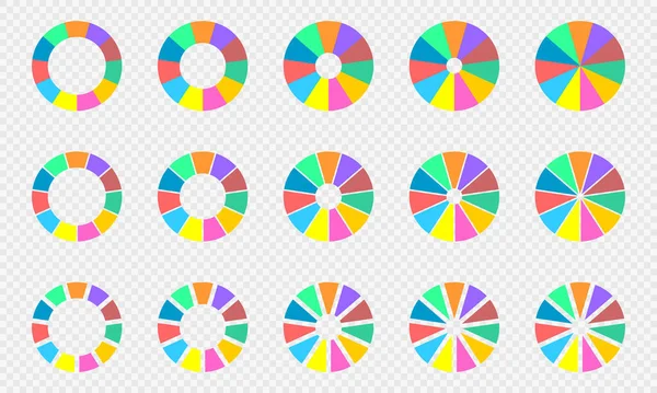 Tableaux de tartes et beignets. Diagrammes de cercle colorés divisés en 11 sections. Roues d'infographie. Formes rondes découpées en onze parties égales — Image vectorielle