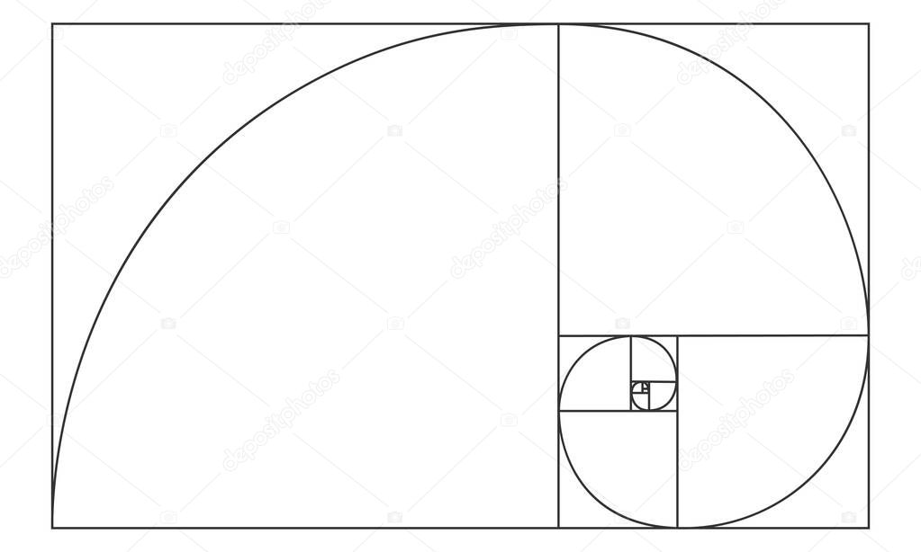 Golden ratio sign. Logarithmic spiral in rectangle. Nautilus shell shape. Leonardo Fibonacci Sequence. Ideal nature symmetry proportions template