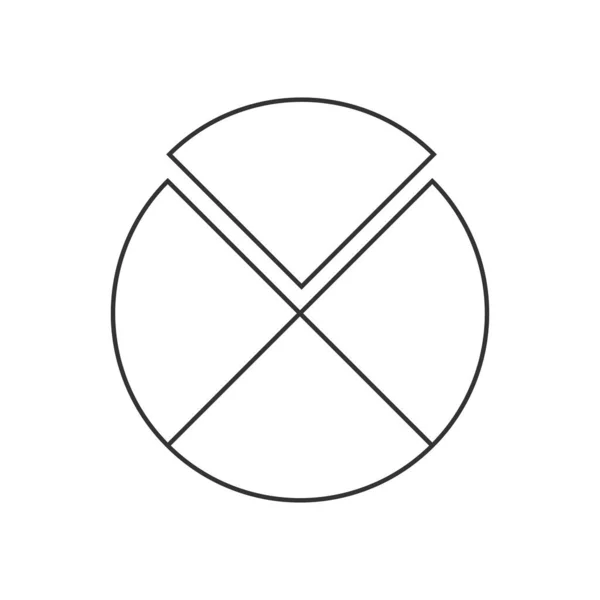 Коло поділене на 4 сегменти. Пиріг або форма піци вирізані в чотирьох однакових частинах в контурному стилі. Приклад круглої статистичної діаграми — стоковий вектор