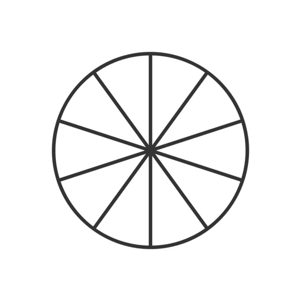 Cerchio diviso in 10 segmenti isolati su fondo bianco. Torta o pizza forma rotonda tagliata in dieci parti uguali in stile contorno. Esempio semplice di grafico aziendale — Vettoriale Stock