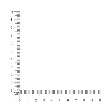 10 cm köşeli cetvel. Dikey ve yatay çizgileri santimetre ve milimetre işaretleme ve numaralarla ölçme aracı şablonu. Vektör grafik illüstrasyonu