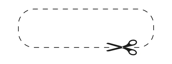 Ψαλίδι εικονίδιο κοπής ορθογώνιο σχήμα με διακεκομμένη γραμμή. Κόψτε εδώ εικονόγραμμα για χαρτί εκπτωτικό κουπόνι, κουπόνι, promo κώδικα. Εικονογράφηση διανύσματος περίγραμμα — Διανυσματικό Αρχείο
