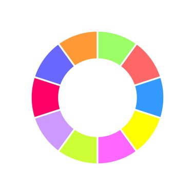 Donut çizelgesi. 10 parçaya bölünmüş renkli çember diyagramı. Infographic tekerlek simgesi. Beyaz arkaplanda izole edilmiş 10 eşit parçaya bölünmüş yuvarlak şekil