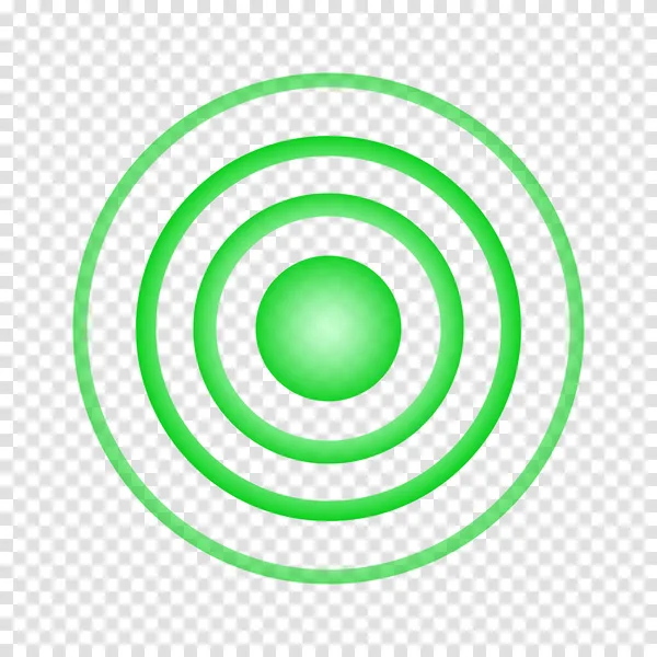 同心绿色标志。治疗，目标，目标，目标，止痛药符号。圆形本地化图标。在透明背景下隔离的雷达、声音或声纳波 — 图库矢量图片