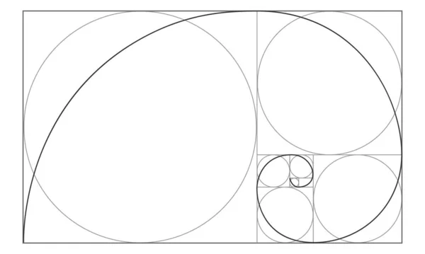 Signo de proporción dorada. Espiral logarítmica en rectángulo con cuadrados y círculos. Secuencia Leonardo Fibonacci. Plantilla de proporciones de simetría ideal — Archivo Imágenes Vectoriales