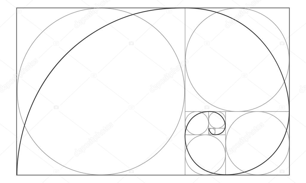 Golden ratio sign. Logarithmic spiral in rectangle with squares and circles. Leonardo Fibonacci Sequence. Ideal symmetry proportions template
