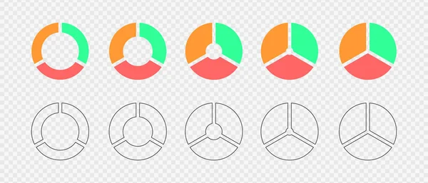 Donut-Diagramme, die in 3 mehrfarbige und umrissene Segmente unterteilt sind. Infografik Räder gesetzt. Kreisdiagramme, segmentiert in drei gleiche Teile. Vektorflache und grafische Illustration — Stockvektor