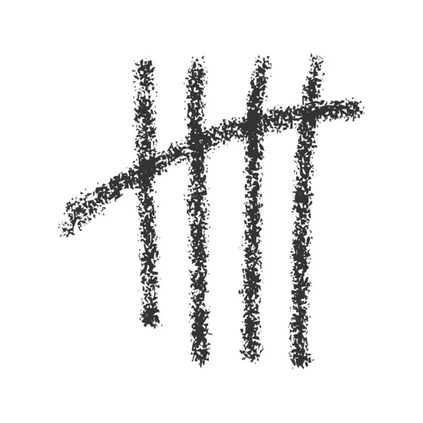 Carbone disegnato a mano segno di spunta. Quattro bastoni sbarrati da una barra. Giorno contando segno sul muro della prigione. Simbolo del sistema numerico unario numero 5 — Vettoriale Stock