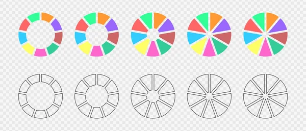 Пончиковые диаграммы разделены на 9 частей в цветных и контурных вариациях. Инфографические колеса готовы. Круговые диаграммы или погрузочные решетки. Круглые формы, разделенные на девять равных секторов — стоковый вектор