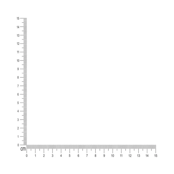 Escala de regla de esquina de 15 cm. Plantilla de herramienta de medición con marcado de centímetros y milímetros y números en líneas verticales y horizontales — Archivo Imágenes Vectoriales
