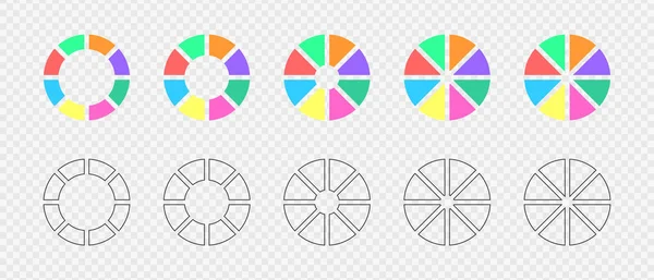 Donut charts set. Circle diagrams divided in 8 sections in flat and graphic variations. Infographic wheels, loading bars, round shapes cut in eight equal parts — стоковый вектор