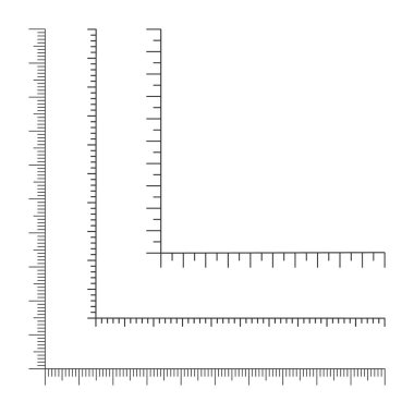 Köşe cetvel şablonları. Beyaz arkaplanda izole edilmiş dikey ve yatay çizgileri olan grafiksel ölçüm aracı terazileri. Vektör özet çizimi
