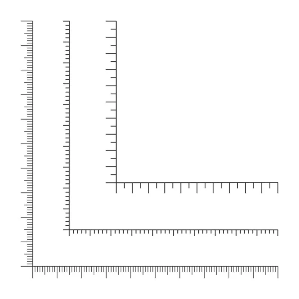 Zestaw szablonów linijki narożnej. Graficzne wagi pomiarowe z pionowymi i poziomymi liniami izolowanymi na białym tle. Ilustracja zarysu wektora — Wektor stockowy