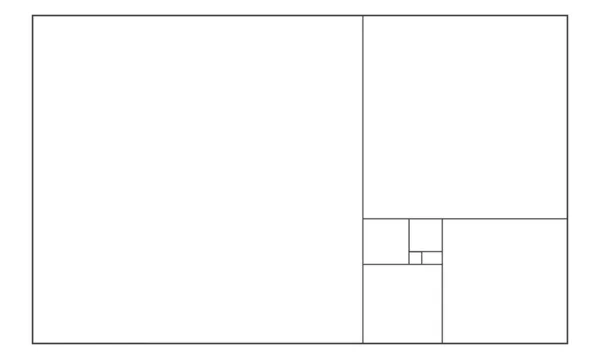 Konstrukcja Golden ratio. Prostokąt podzielony na kwadraty przez proporcje 1: 1.618. Sekwencja Fibonacciego. Idealny wzór symetrii. Symbol matematyki — Wektor stockowy