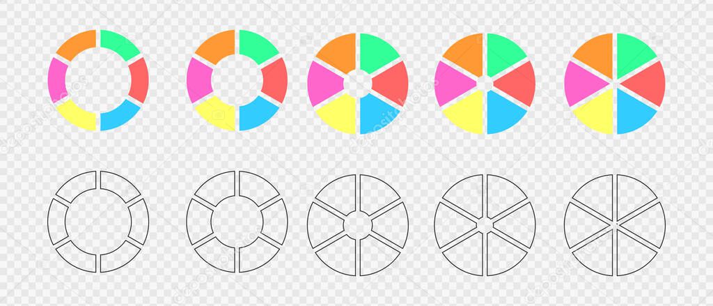 Set of donut charts segmented on 6 equal parts. Infographic wheels divided in six colored and graphic sections. Circle diagrams or loading bars