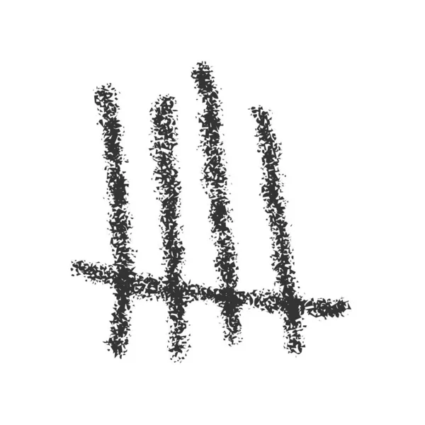 Znak zbieżności węgla drzewnego. Numer 5 w systemie liczbowym. Cztery ręcznie rysowane kije przekreślone linią ukośną. Symbol liczenia dni na ścianie więzienia — Wektor stockowy