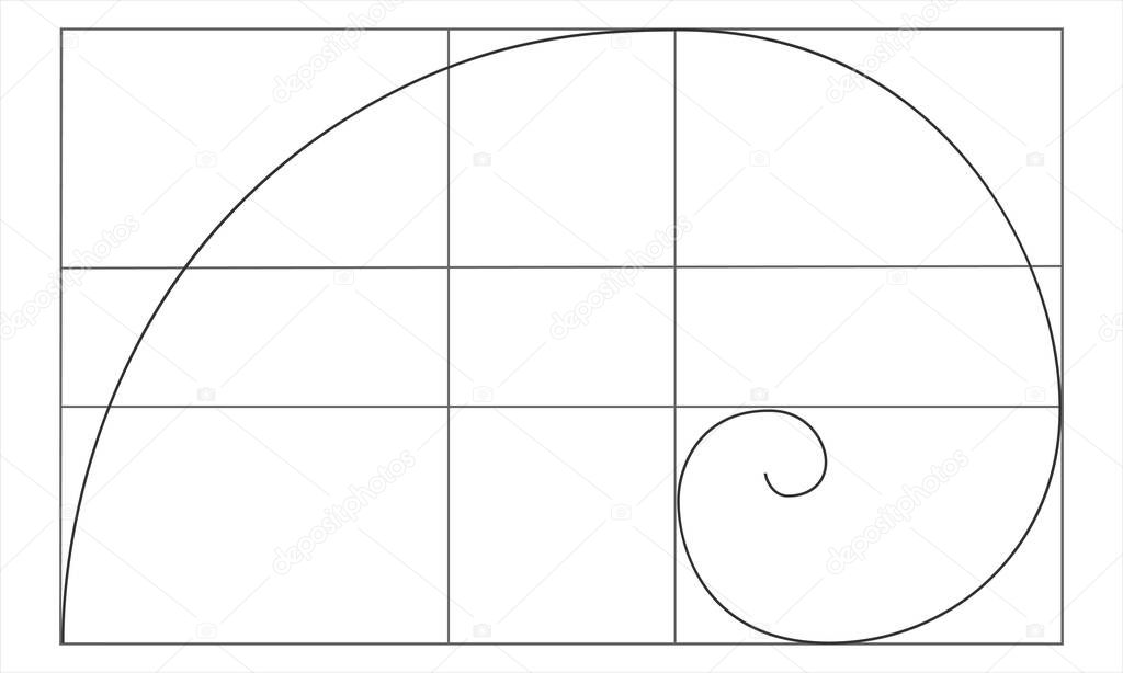 Golden ratio sign. Logarithmic spiral in rectangle. Fibonacci Sequence. Nautilus shell shape. Perfect nature symmetry proportions template for photography