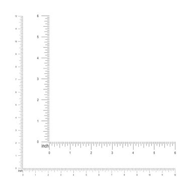 6 and 12 inches or 1 foot corner ruler template. Measuring tool with imperial units vertical and horizontal markup and numbers