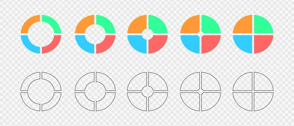 Schede ciambelle. Set di ruote infografiche divise in 4 sezioni multicolori e grafiche. Diagrammi a cerchio o barre di carico. Forme rotonde tagliate in quattro parti uguali — Vettoriale Stock