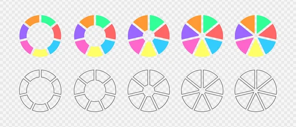 Donut charts divided in 7 multicolored and graphic segments. Infographic wheels set. Round diagrams or loading bars cut in seven equal parts — Vettoriale Stock