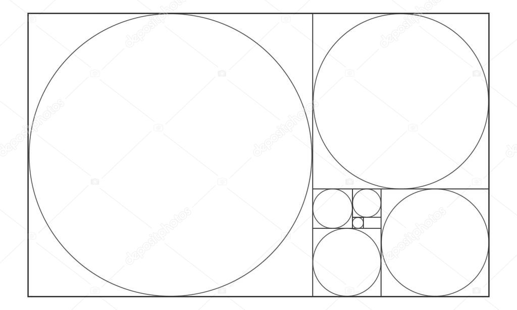 Golden ratio template. Circles in squares in rectangle frame. Fibonacci Sequence. Ideal symmetry proportions grid. Vector outline illustration