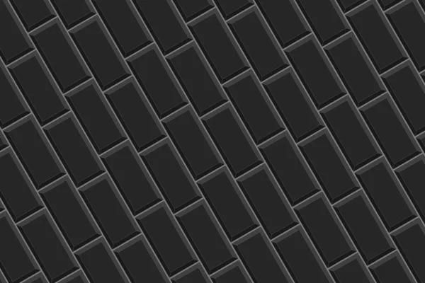 Black rectangles tile diagonal arrangement. Ceramic or stone brick background. Kitchen backsplash or bathroom wall or floor seamless pattern. Exterior or interior texture — стоковый вектор