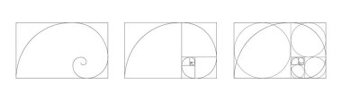 Altın oran simgesi. Dikdörtgen çerçevedeki logaritmik spiral kareler ve daireler üzerinde bölünmüş. Fibonacci dizi işareti. Fotoğraf için ideal simetri oranları şablonu