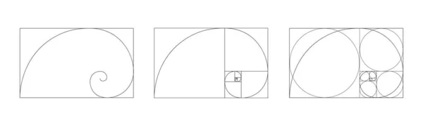 Złota ikona proporcji. Logarytmiczna spirala w prostokątnej ramie ułamana na kwadratach i okręgach. Znak sekwencji Fibonacciego. Idealny wzór proporcji symetrii do fotografii — Wektor stockowy