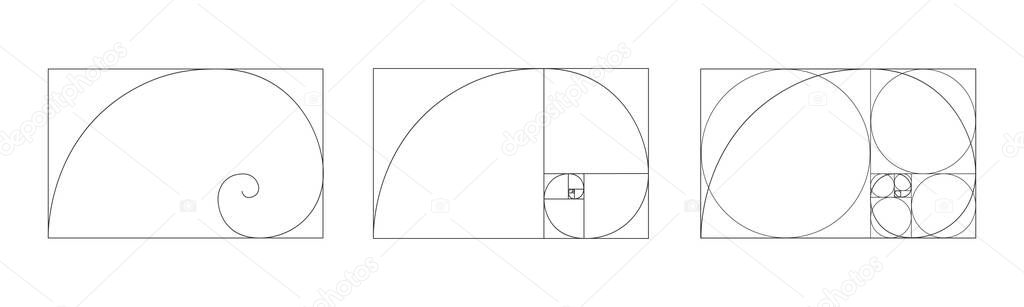 Golden ratio icon. Logarithmic spiral in rectangle frame fracted on squares and circles. Fibonacci sequence sign. Ideal symmetry proportions template for photography