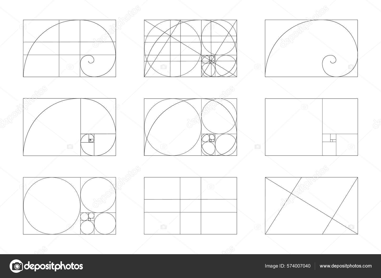 黄金比率模板集Fibonacci序列符号矩形框架中的对数螺旋线在直线正方形和圆形上断裂理想的对称比例布局矢量图形说明图库矢量图©Viktoriia  Ablohina
